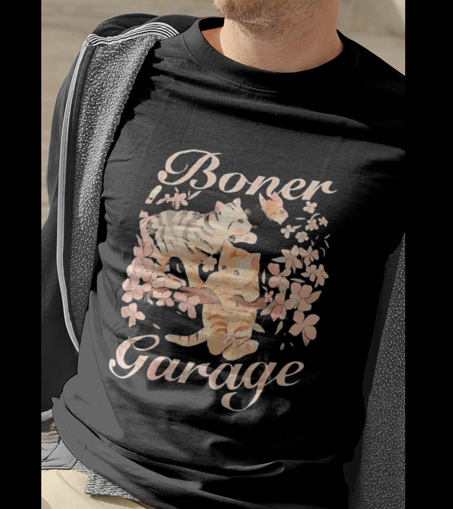 Boner Garage Cats Cherry Blossoms And Butterfly T-Shirt