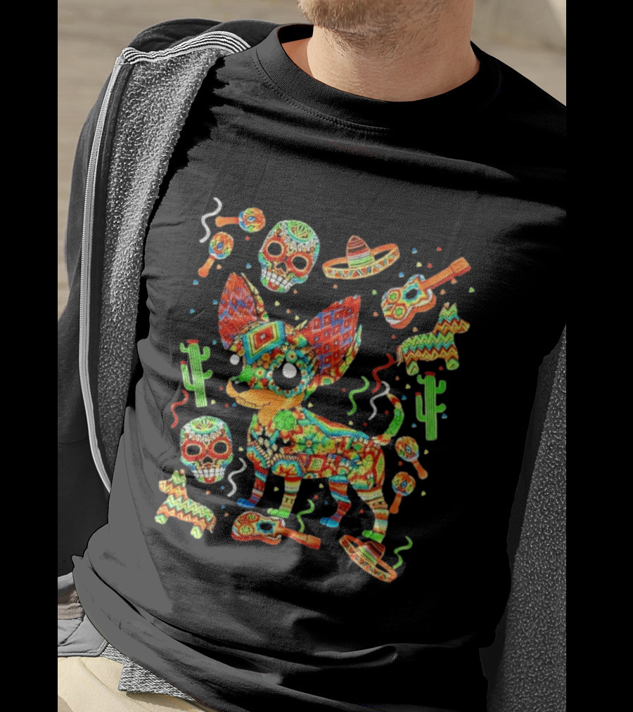 Fiesta Chihuahua Mexican Dia De Los Muertos Colorful Skull Sombrero Cactus Dog T-Shirt