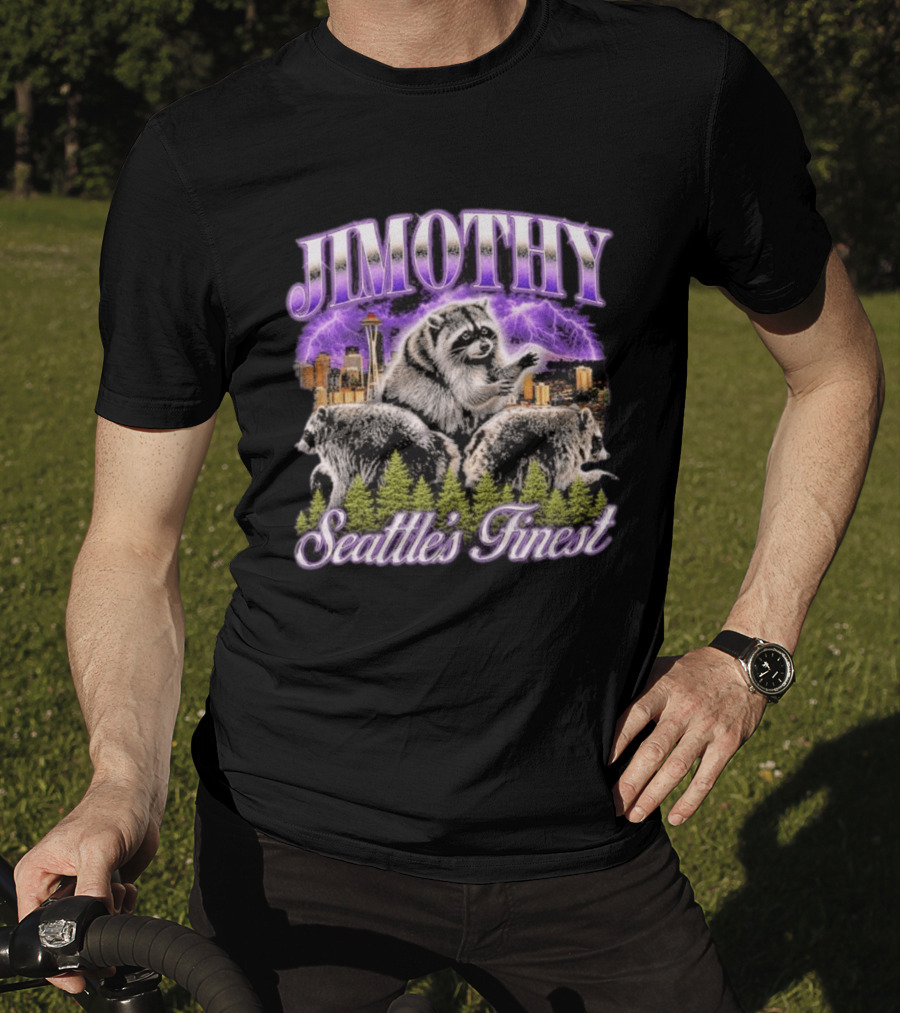 Jimothy Raccoon Seattle's Finest Purple Lightning Skyline And Forest T-Shirt