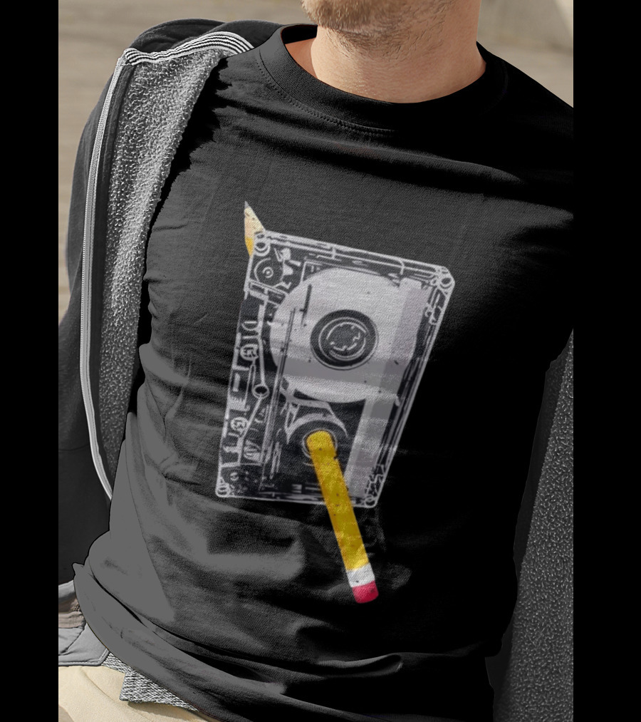 Rewind The Past Cassette Tape Pencil T-Shirt