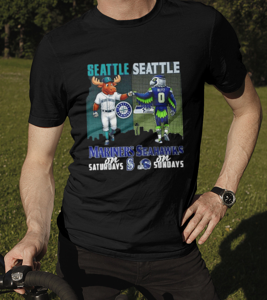 Seattle Mariners Moose And Seahawks Blitz On Saturdays Sundays T-Shirt