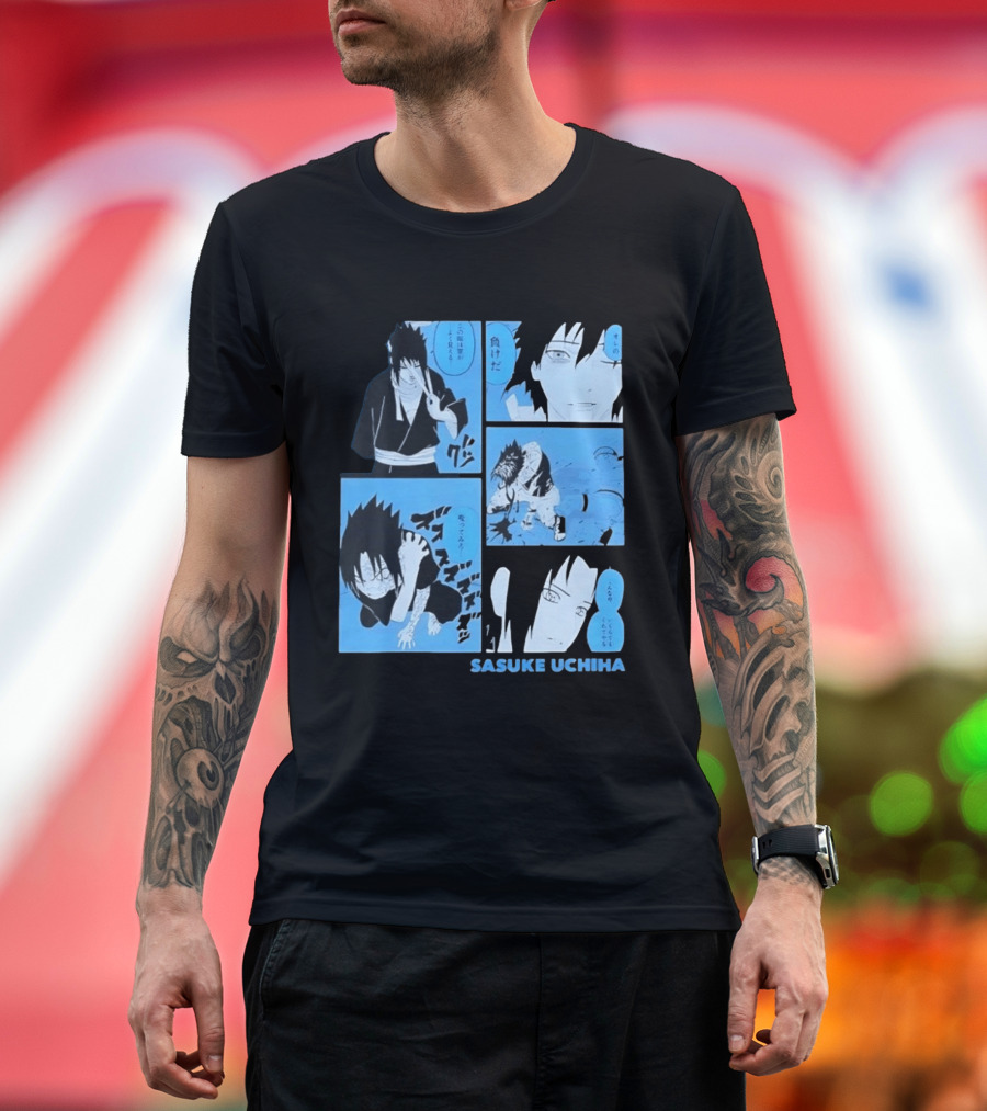 Sasuke Uchiha Cursed Seal Battle Manga Panels Blue Version T-Shirt