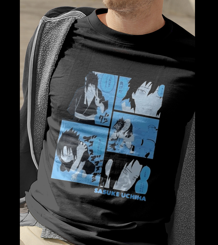 Sasuke Uchiha Cursed Seal Battle Manga Panels Blue Version T-Shirt