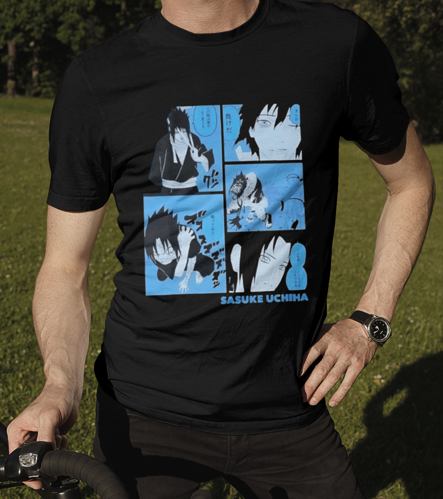 Sasuke Uchiha Cursed Seal Battle Manga Panels Blue Version T-Shirt