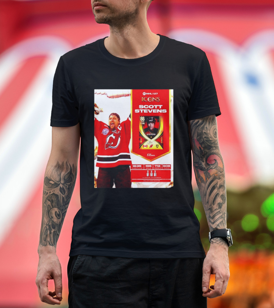 NHL 27 Icons Scott Stevens New Jersey Devils Hall Of Fame Legend T-Shirt