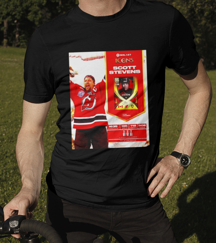 NHL 27 Icons Scott Stevens New Jersey Devils Hall Of Fame Legend T-Shirt