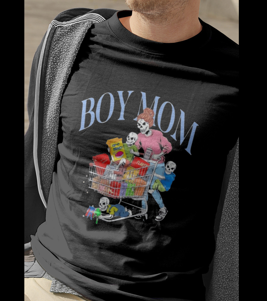 Boy Mom Skeleton With Kids Pushing Shopping Cart Eating Cereal T-Shirt