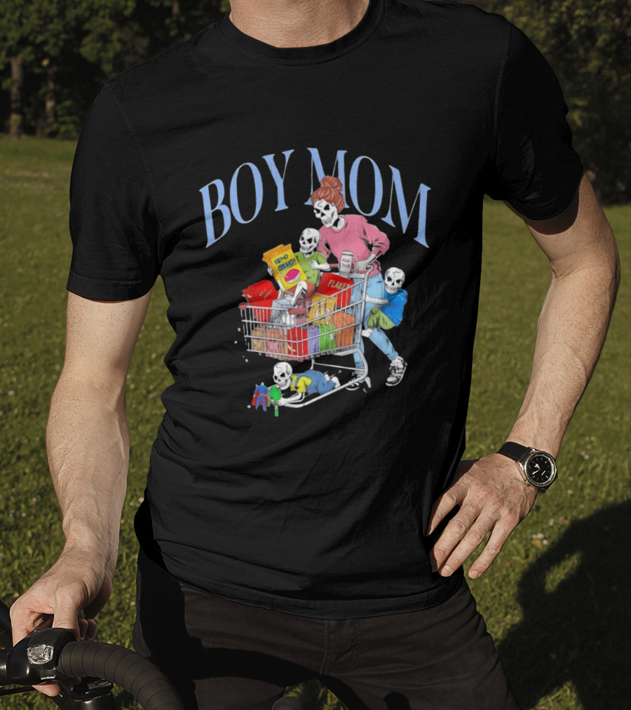 Boy Mom Skeleton With Kids Pushing Shopping Cart Eating Cereal T-Shirt