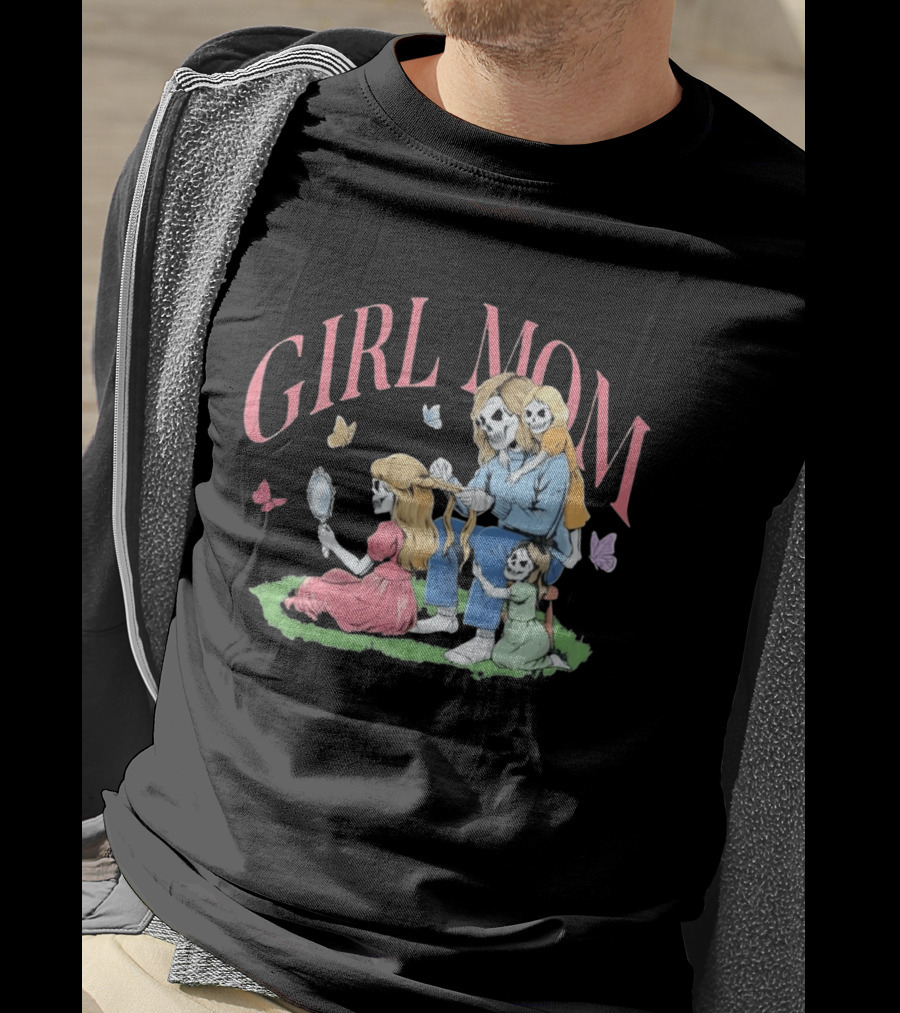 Girl Mom Skeleton Mother Braiding Hair With Daughters And Butterflies T-Shirt