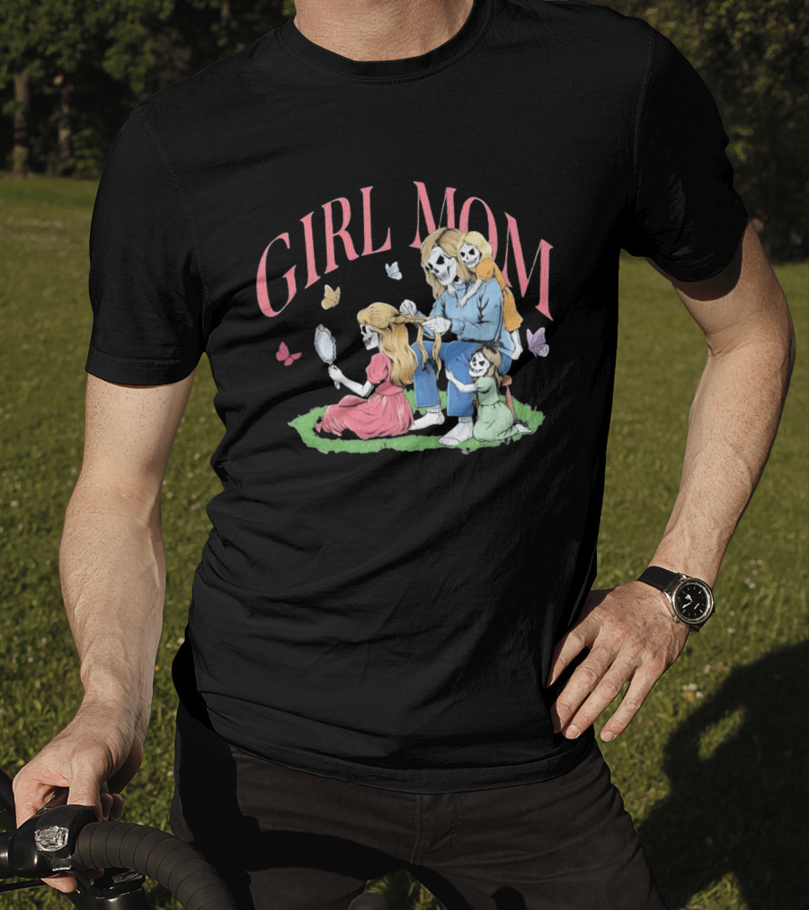 Girl Mom Skeleton Mother Braiding Hair With Daughters And Butterflies T-Shirt