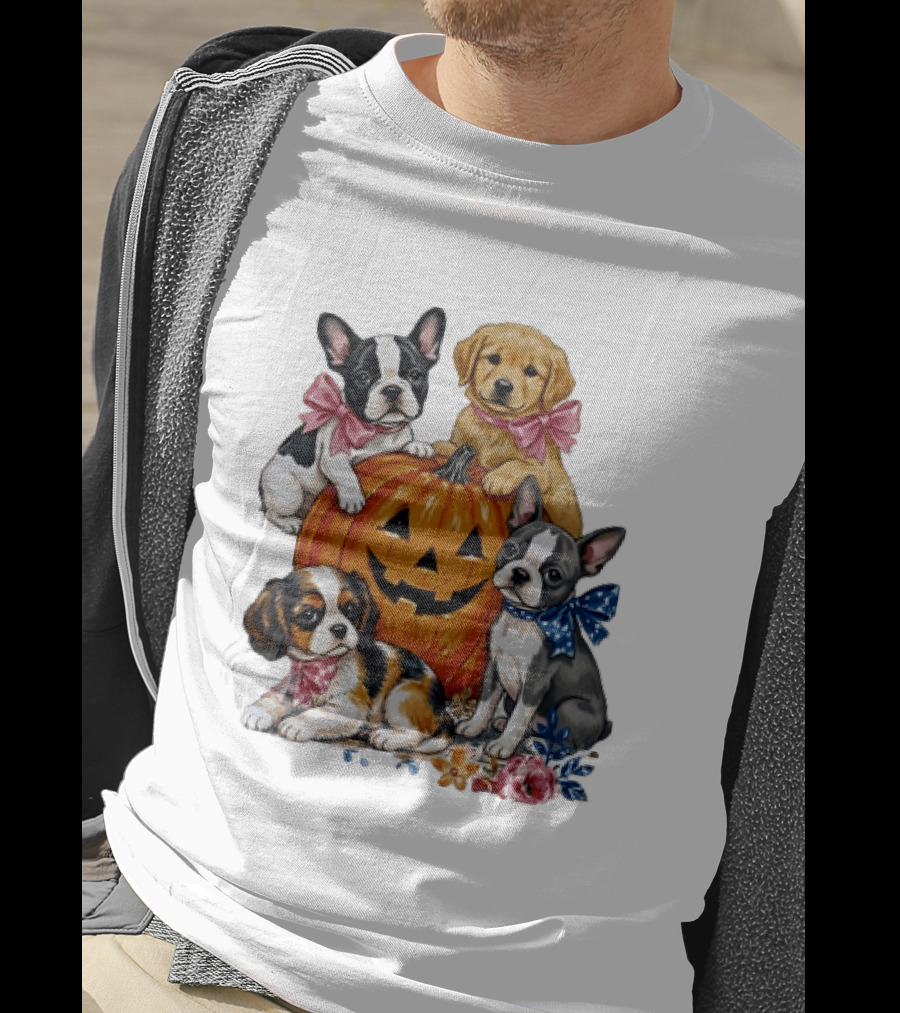 Puppies With Pink And Blue Bows Jack O' Lantern Pumpkin Halloween T-Shirt