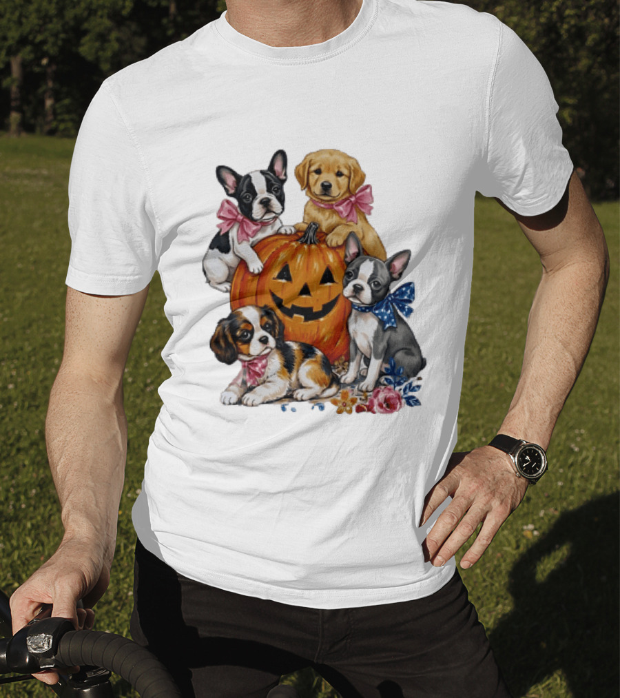Puppies With Pink And Blue Bows Jack O' Lantern Pumpkin Halloween T-Shirt