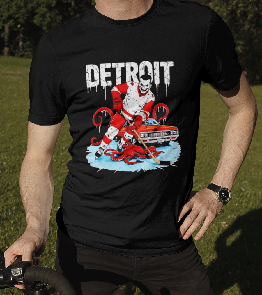 Detroit Hockey Skeleton Octopus Muscle Car T-Shirt