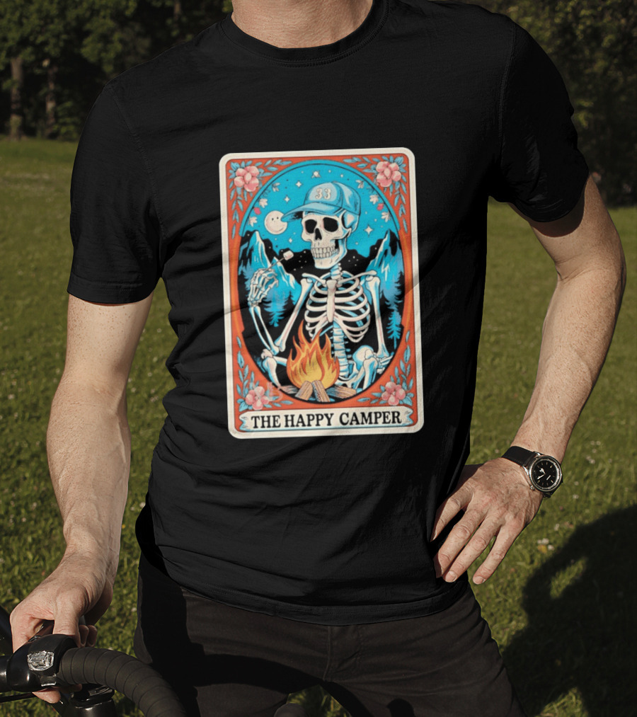 The Happy Camper Skeleton 33 Marshmallow Campfire Scene T-Shirt