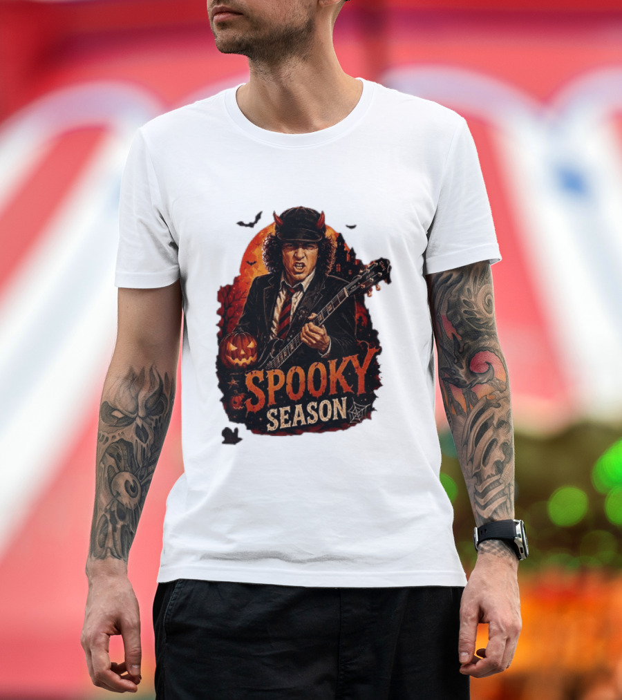 Spooky Season Angus Young Halloween AC DC Inspired Pumpkin Guitar T-Shirt