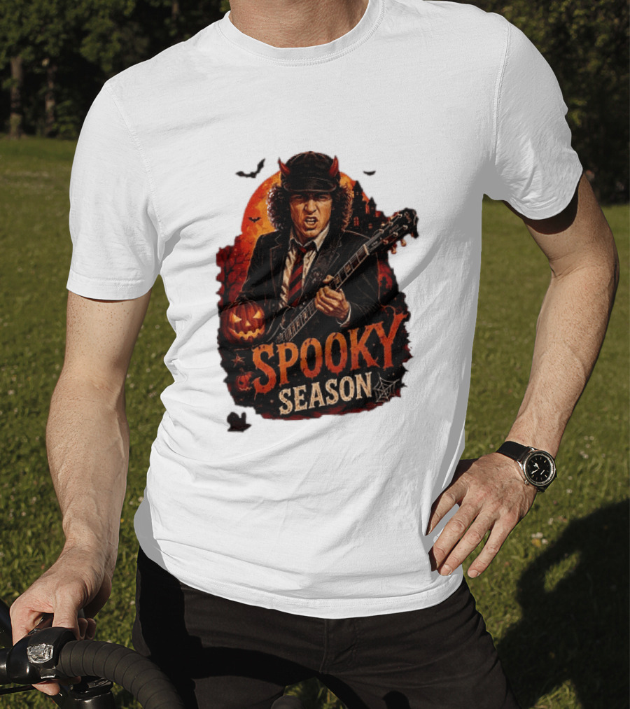 Spooky Season Angus Young Halloween AC DC Inspired Pumpkin Guitar T-Shirt