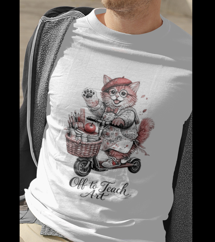 Off To Teach Cat On Scooter With Art Supplies And Apple T-Shirt