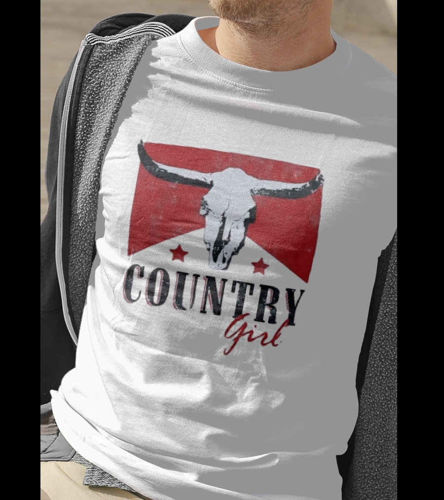 Country Girl Western Bull Skull Red Star Banner T-Shirt