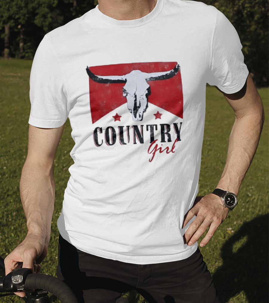 Country Girl Western Bull Skull Red Star Banner T-Shirt