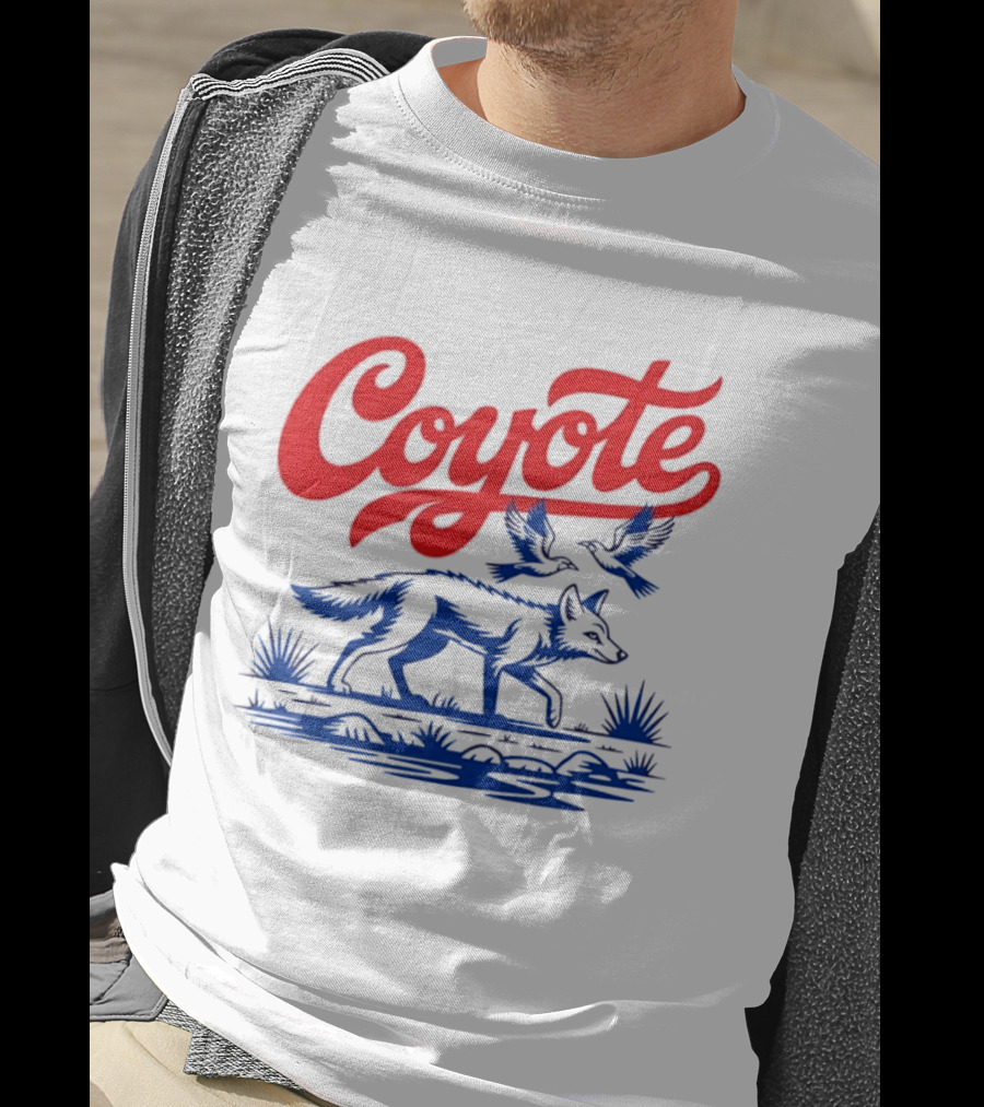 Coyote With Birds In Desert Scene Wild Western Desert T-Shirt