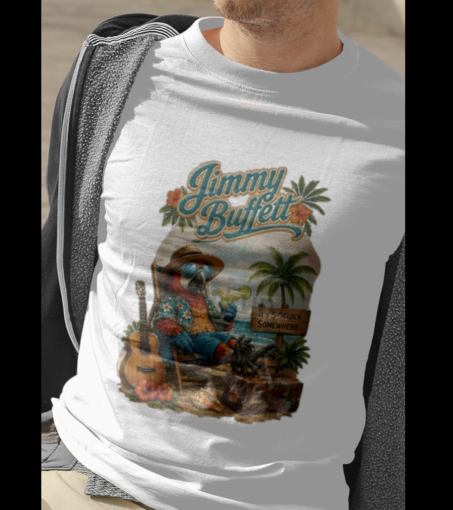 Jimmy Buffett It's 5 O' Somewhere Tropical Parrot Beach Guitar Cocktails Palm Trees T-Shirt