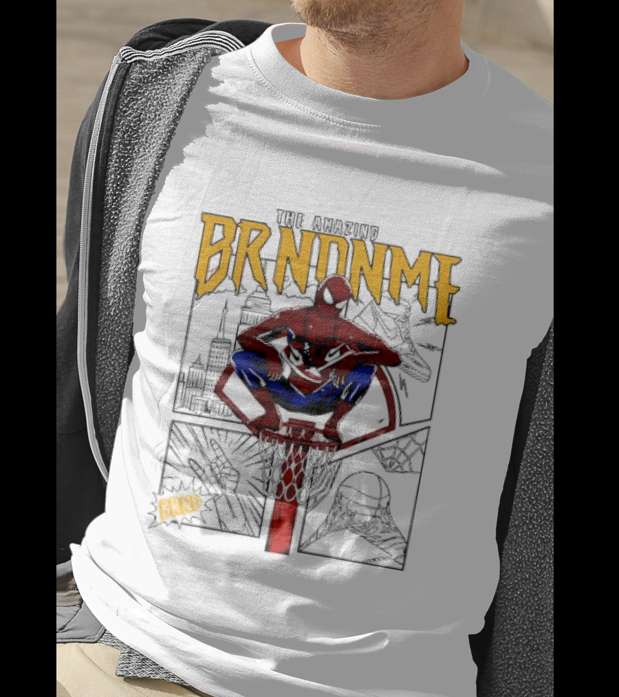 The Amazing Brndnme Spider Man Squatting On Basketball Hoop Cityscape Comic Panels T-Shirt