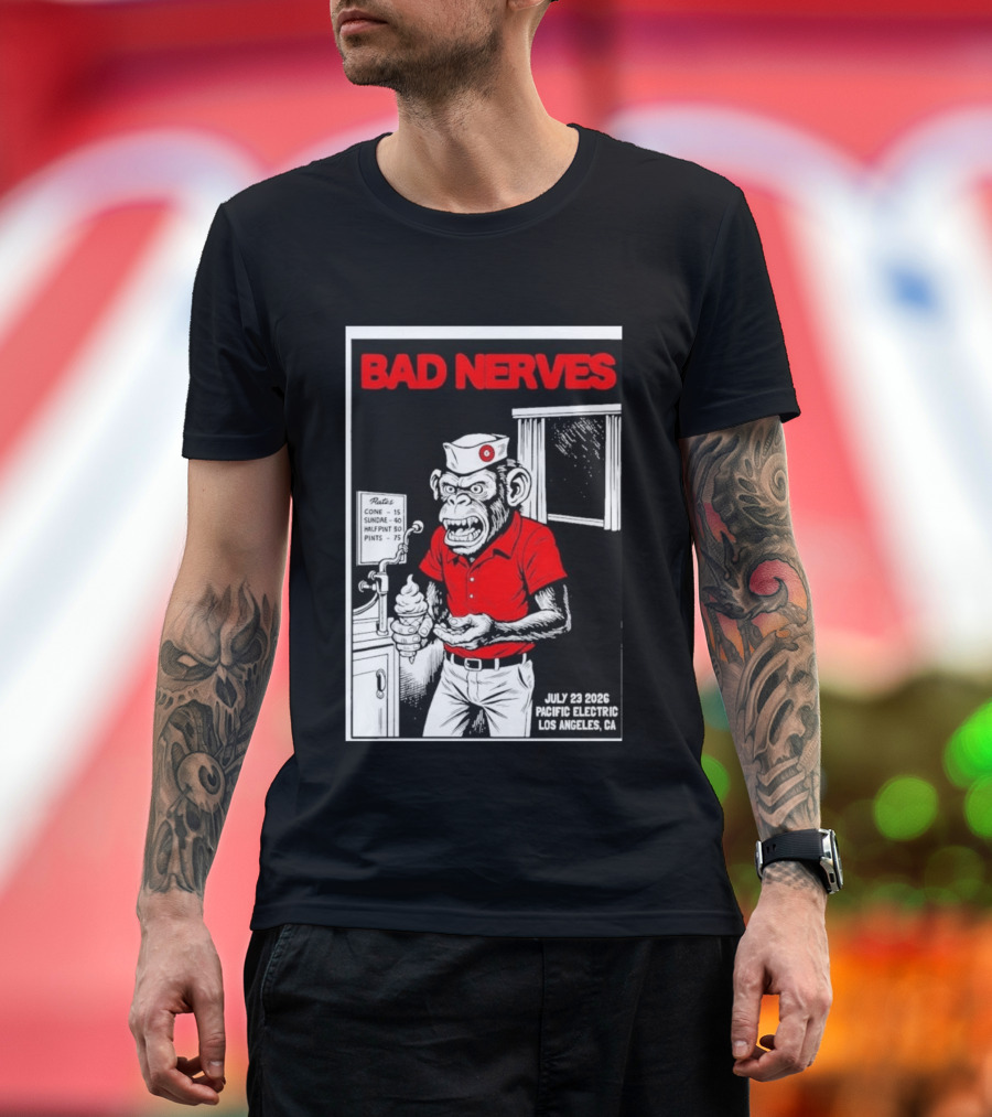 Bad Nerves July 23 2026 Pacific Electric Los Angeles Monkey Ice Cream Server Comic T-Shirt