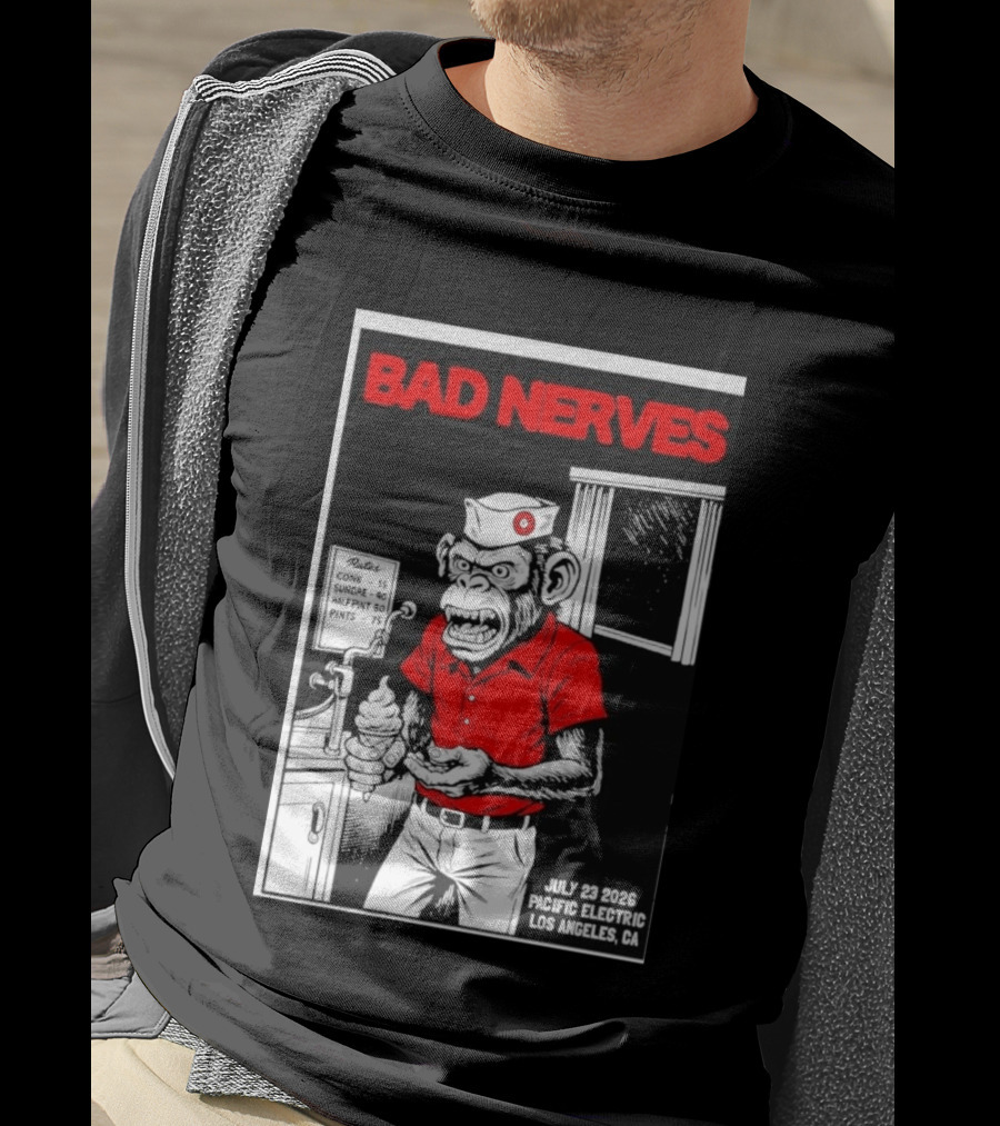 Bad Nerves July 23 2026 Pacific Electric Los Angeles Monkey Ice Cream Server Comic T-Shirt