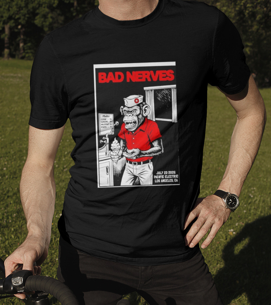 Bad Nerves July 23 2026 Pacific Electric Los Angeles Monkey Ice Cream Server Comic T-Shirt