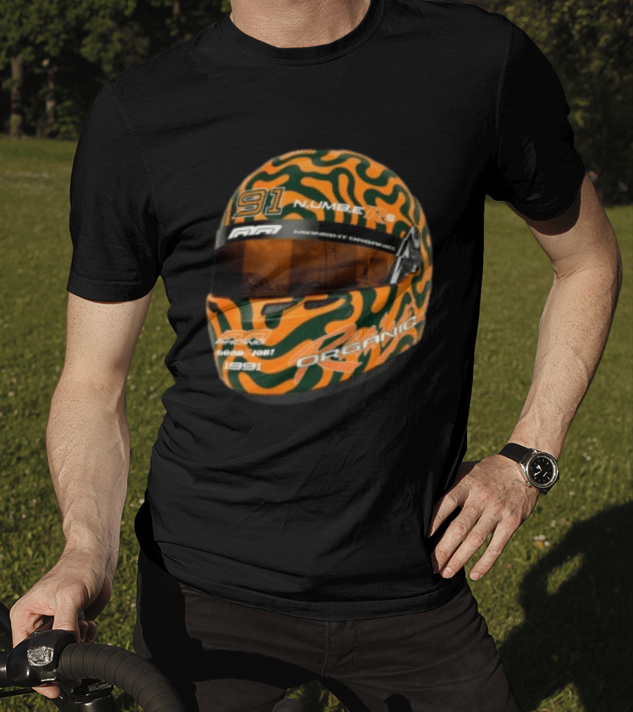 Midnight Organic Store Formula Helmet 91 Number 1991 RPM Orange Green T-Shirt