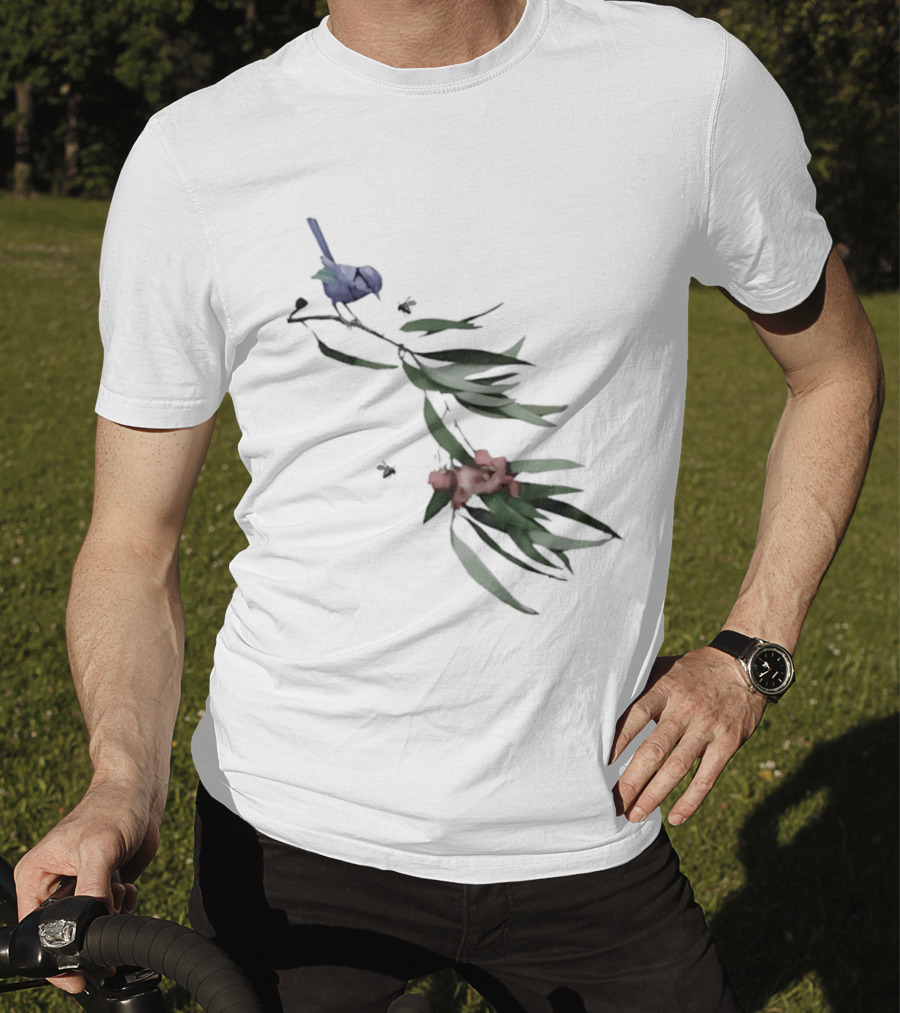 Blue Wren On Eucalyptus Branch With Red Blossoms Bird T-Shirt
