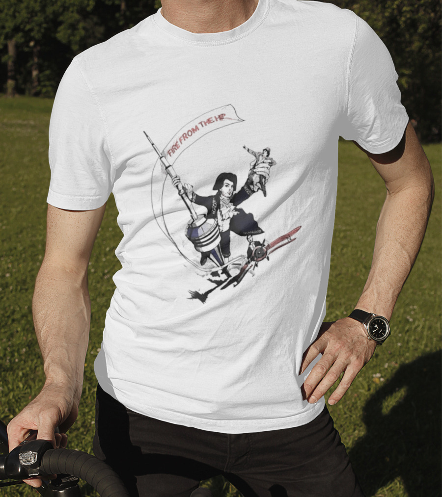 Fire From The Hip Surrealist Surreal Gun Wielding Figure Banner T-Shirt