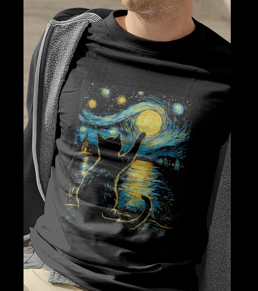 Cat Reaching For The Moon Starry Night Van Gogh Inspired Scene T-Shirt
