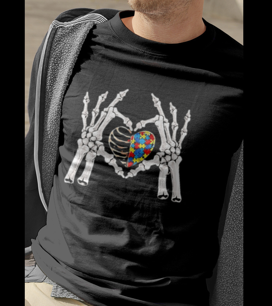 Skeleton Hands Heart Autism Puzzle Piece Awareness T-Shirt