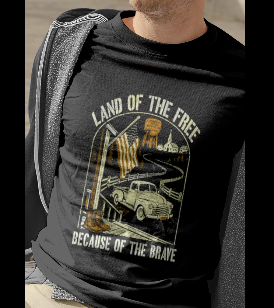 Land Of The Free Because Of The Brave American Patriotic Farm Truck With Flag And Country Landscape T-Shirt