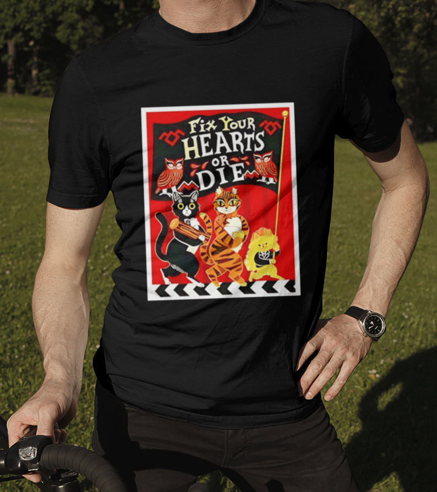 Twin Peaks Cats Fix Your Hearts Or Die David Lynch Owls Red Banner T-Shirt