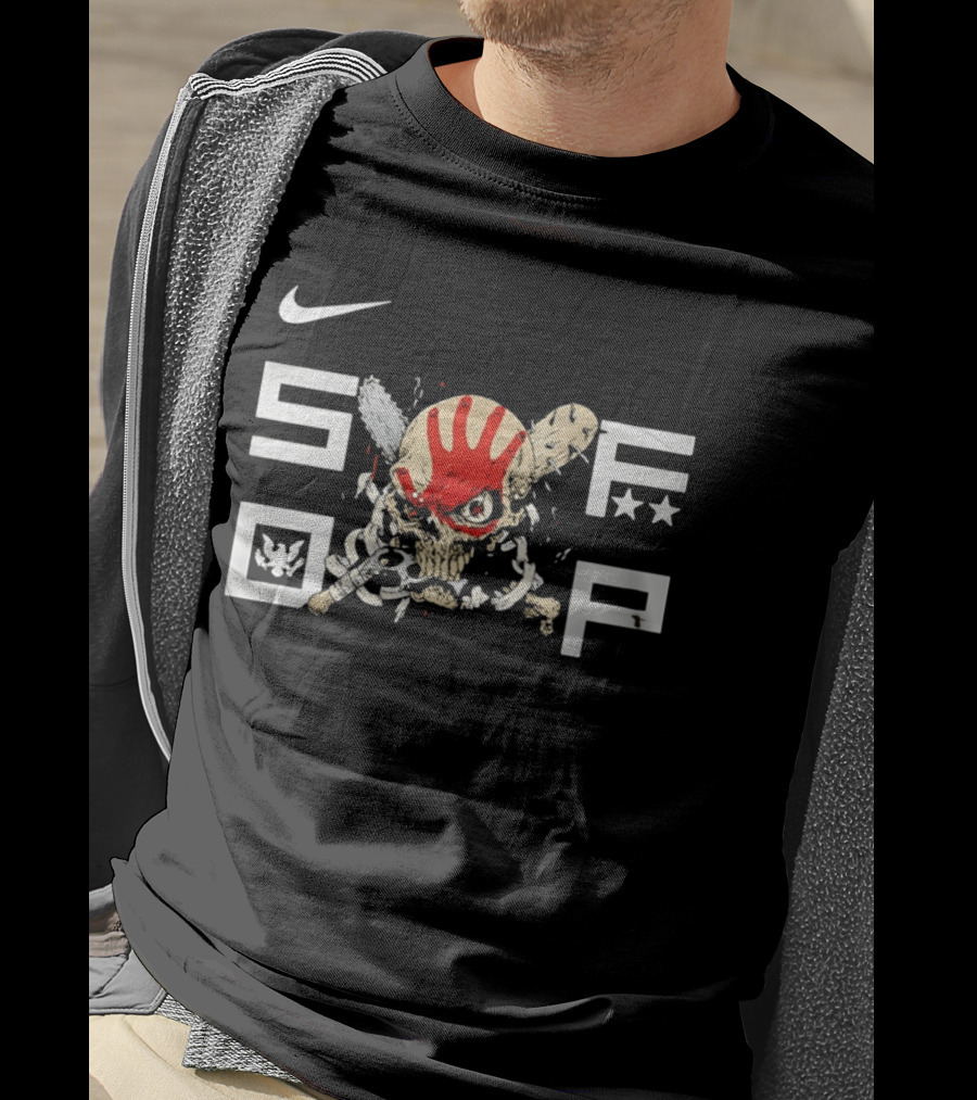 SDFP Skull Chains Brass Knuckles Design With Nike Logo And Red Handprint T-Shirt
