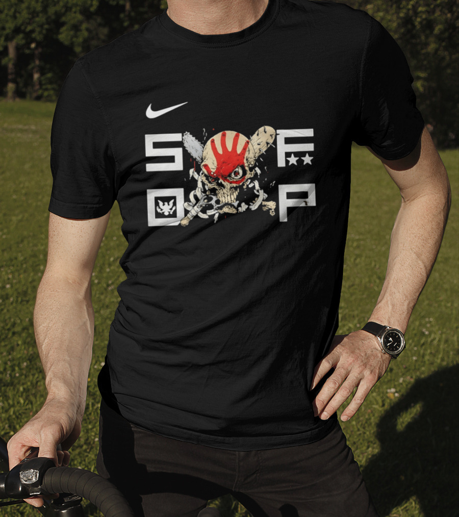 SDFP Skull Chains Brass Knuckles Design With Nike Logo And Red Handprint T-Shirt