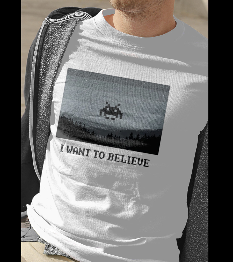 I Want To Believe Space Invader Pixel UFO Forest Scene T-Shirt