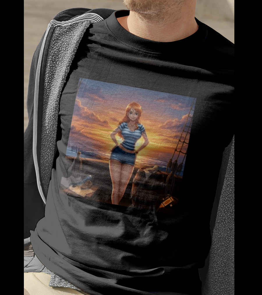 Nami One Piece Joyful Sunset Pirate Ship Ocean Scene T-Shirt