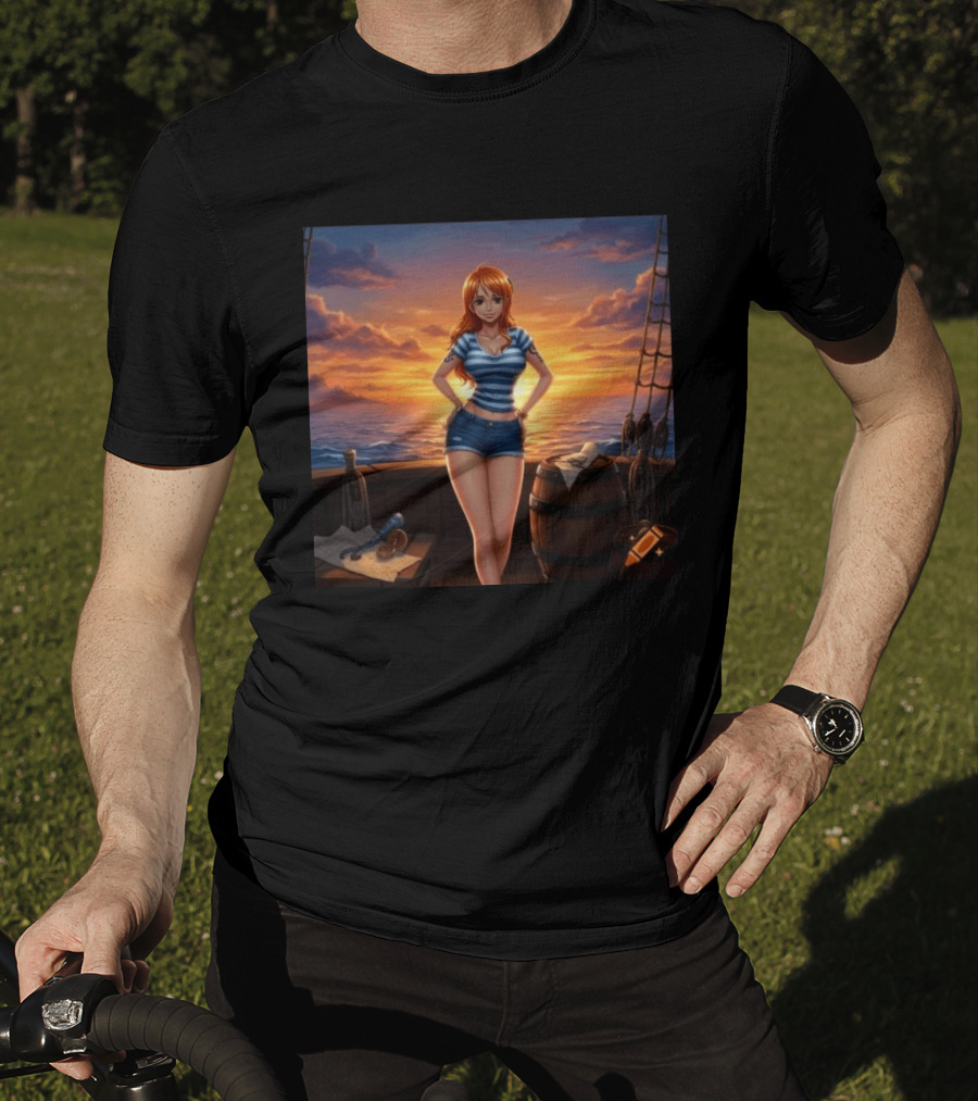 Nami One Piece Joyful Sunset Pirate Ship Ocean Scene T-Shirt