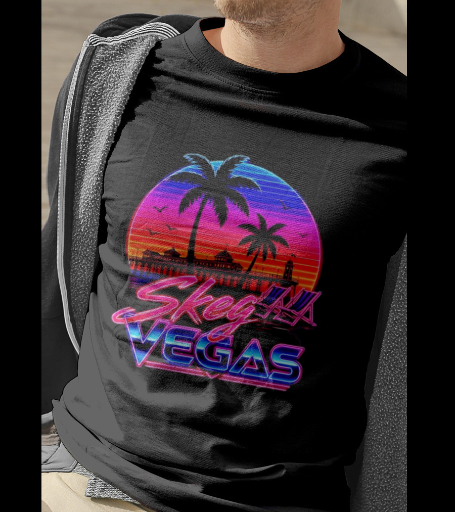 Skeg Vegas Beach Pier Sunset Skegness Retro Neon T-Shirt