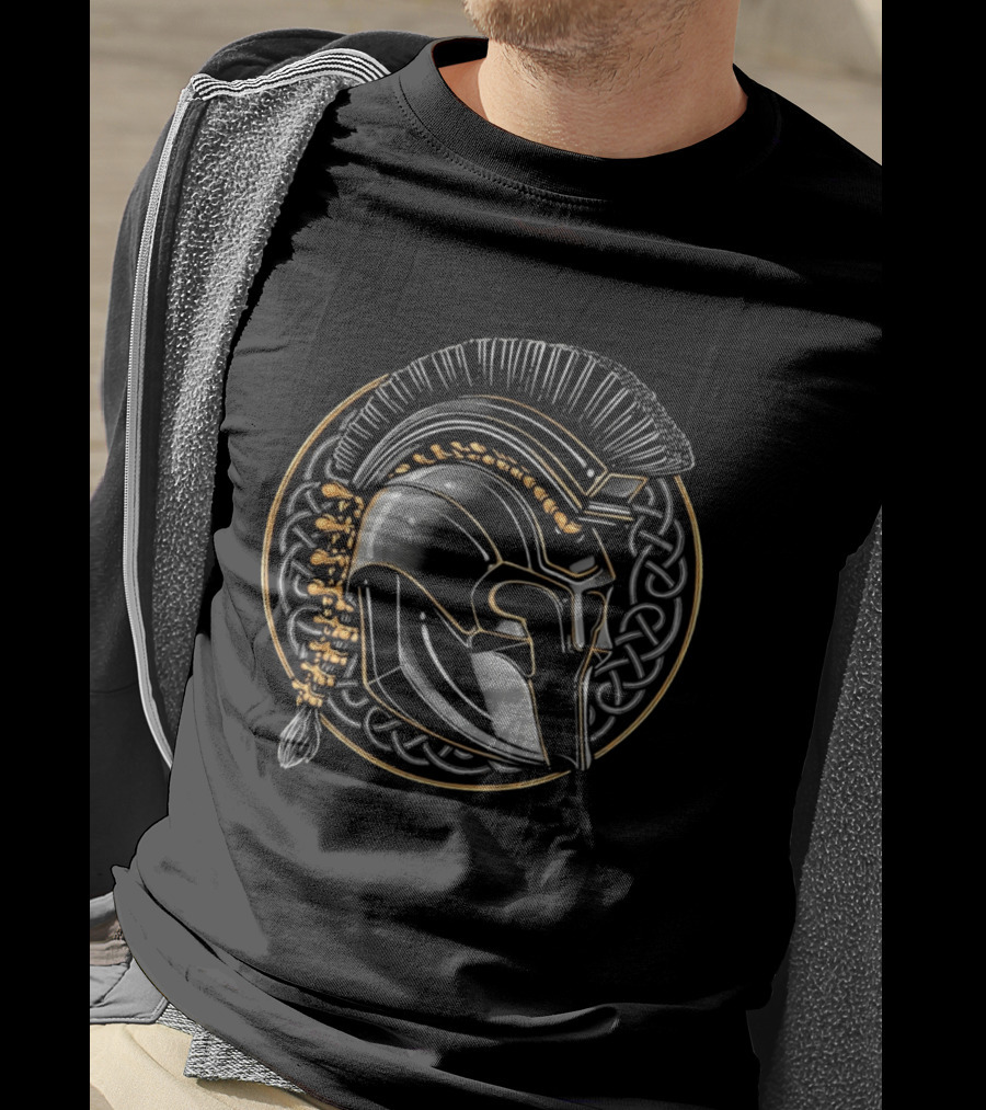 Spartan Helmet Celtic Knot Motif With Braided Spinal Column T-Shirt