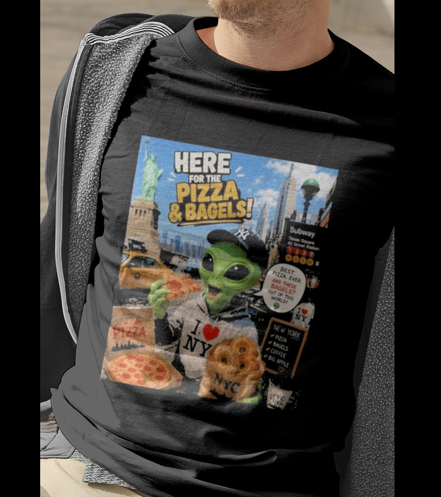 NYC Alien Loves Pizza And Bagels With Statue Of Liberty And Times Square Subway T-Shirt