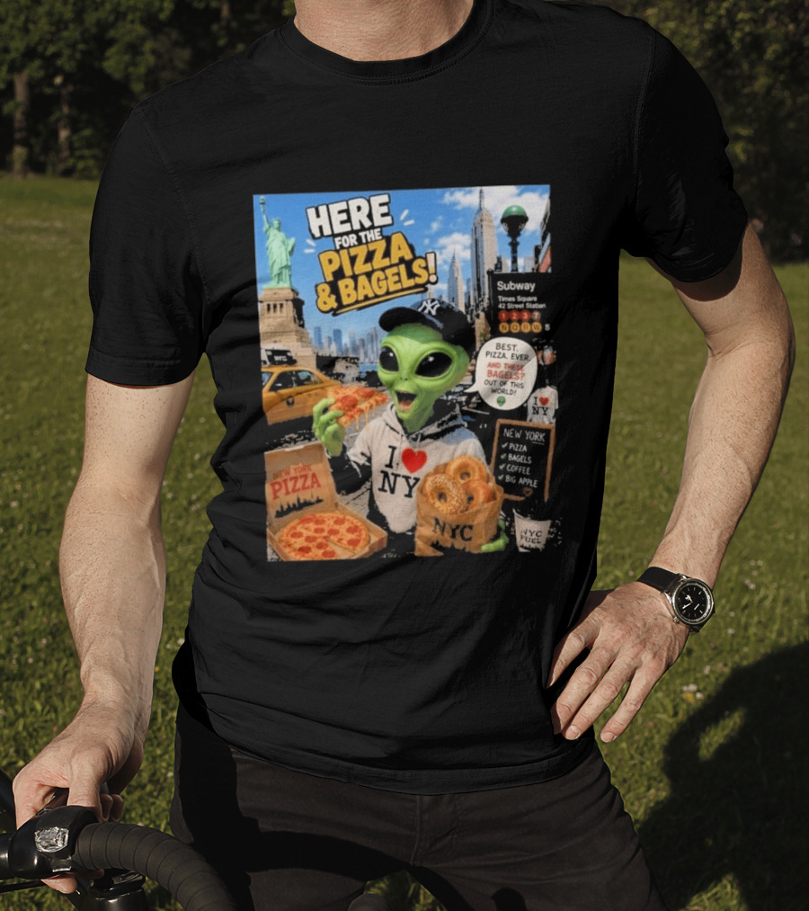 NYC Alien Loves Pizza And Bagels With Statue Of Liberty And Times Square Subway T-Shirt