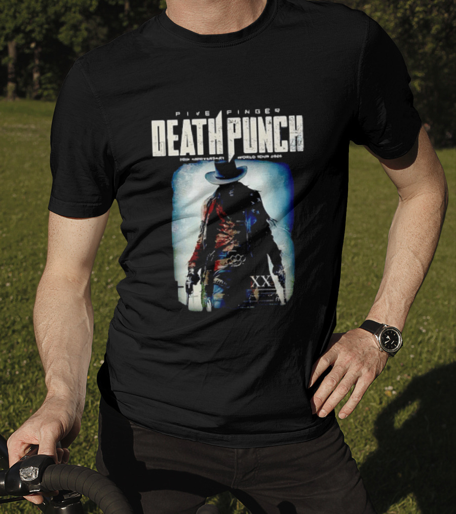 Five Finger Death Punch 20th Anniversary World Tour 2026 Cowboy Imagery With Knuckle Duster And Pistols T-Shirt