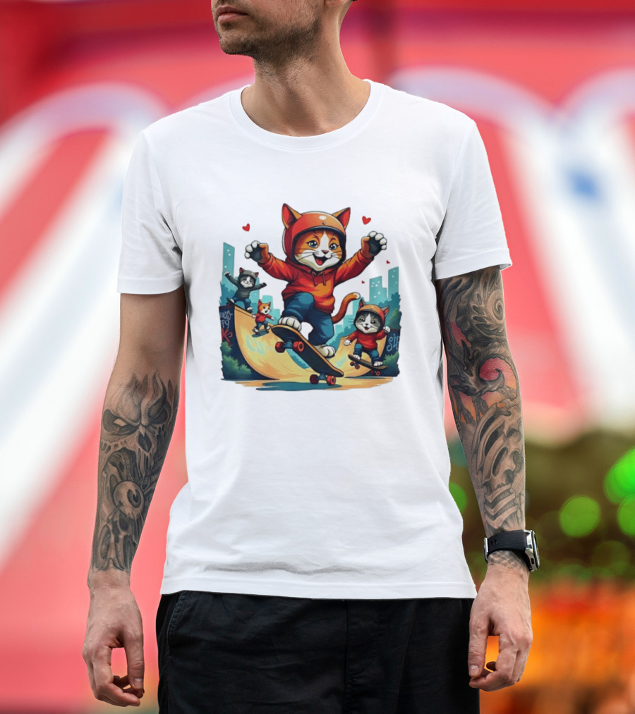 Skateboarding Cats In Helmets With Hearts And Cityscape T-Shirt