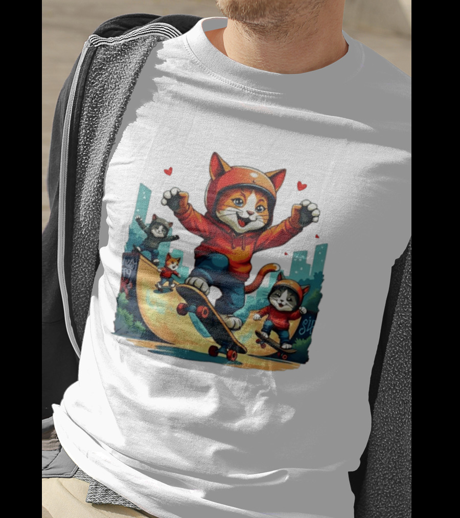 Skateboarding Cats In Helmets With Hearts And Cityscape T-Shirt