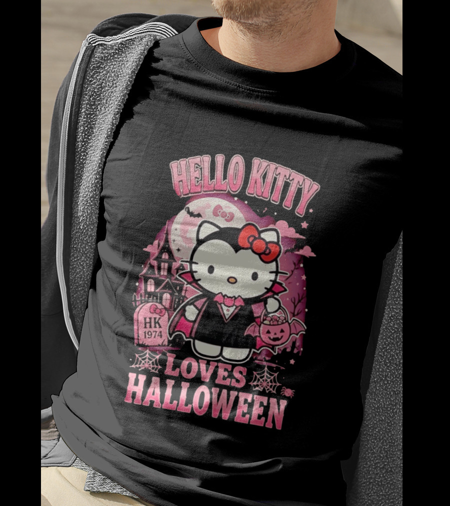Hello Kitty Loves Halloween Vampire Costume Pink Bats And Haunted House T-Shirt