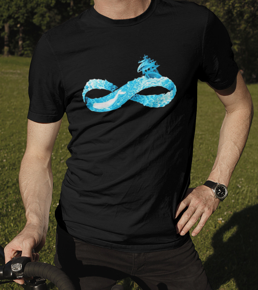 Infinity Symbol With Whale Swimming Beneath Sailing Ship Formed By Ocean Waves T-Shirt